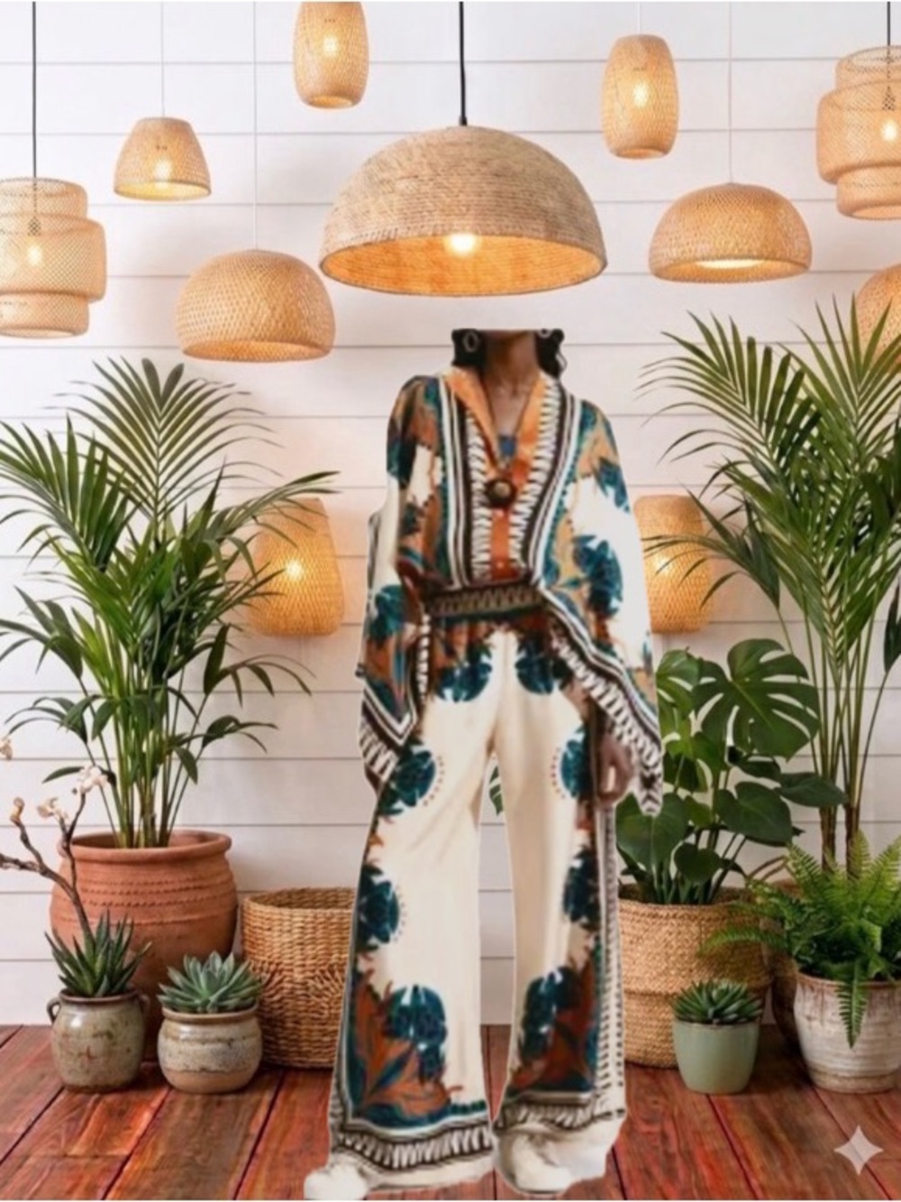 Bohemian Wide-Leg Jumpsuit in Cream with Teal & Brown Print